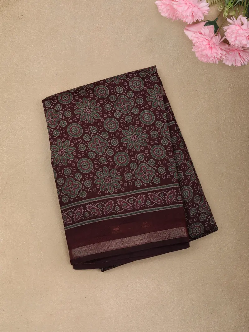 Maroon Floral Printed Design Mixed Cotton Casual Wear Saree 1