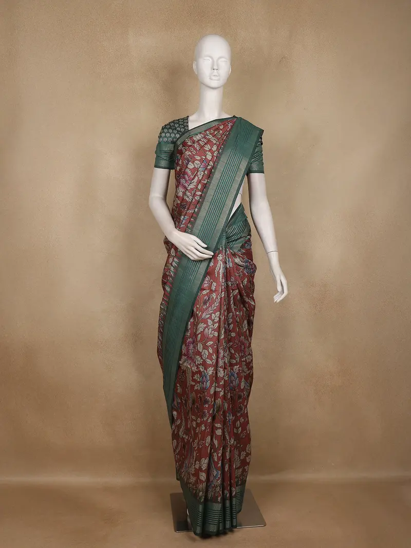 Maroon Floral Printed Design Semi Tussar Saree With Green Border 1