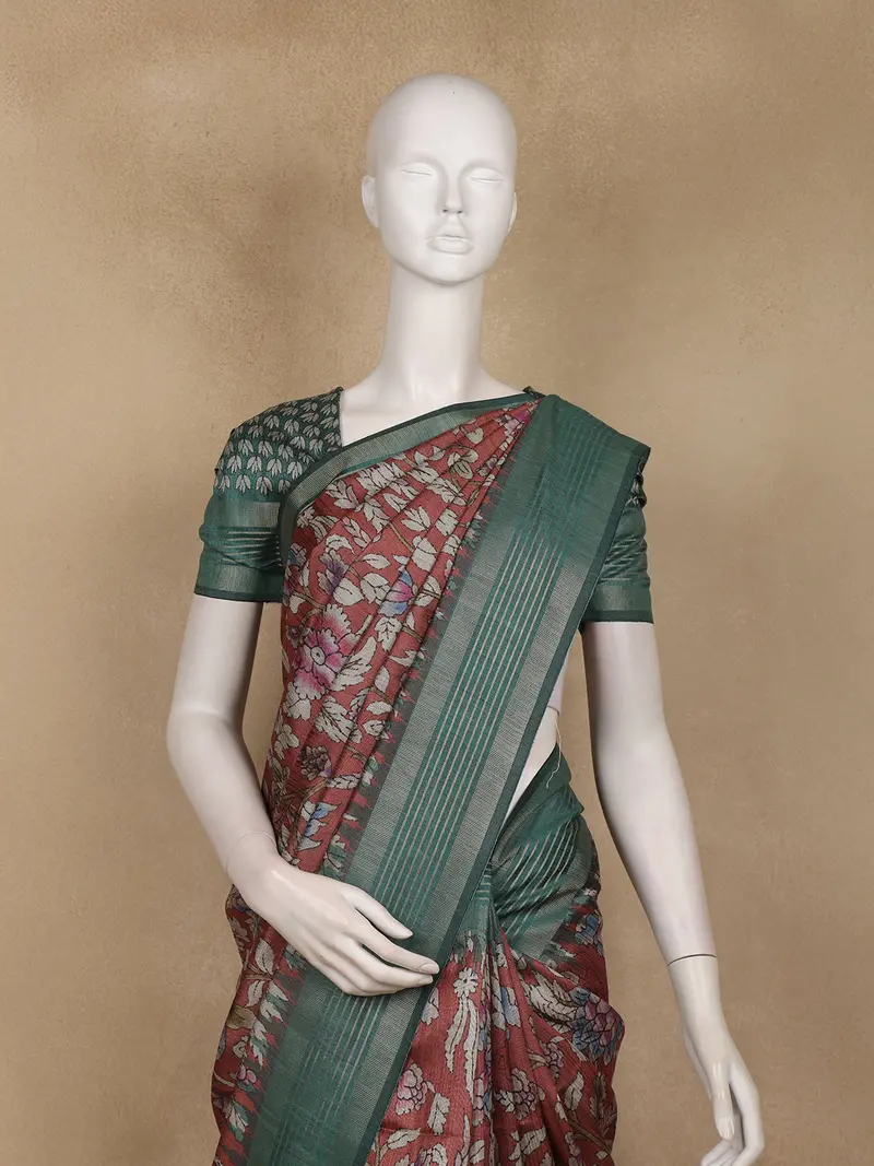 Maroon Floral Printed Design Semi Tussar Saree With Green Border 2