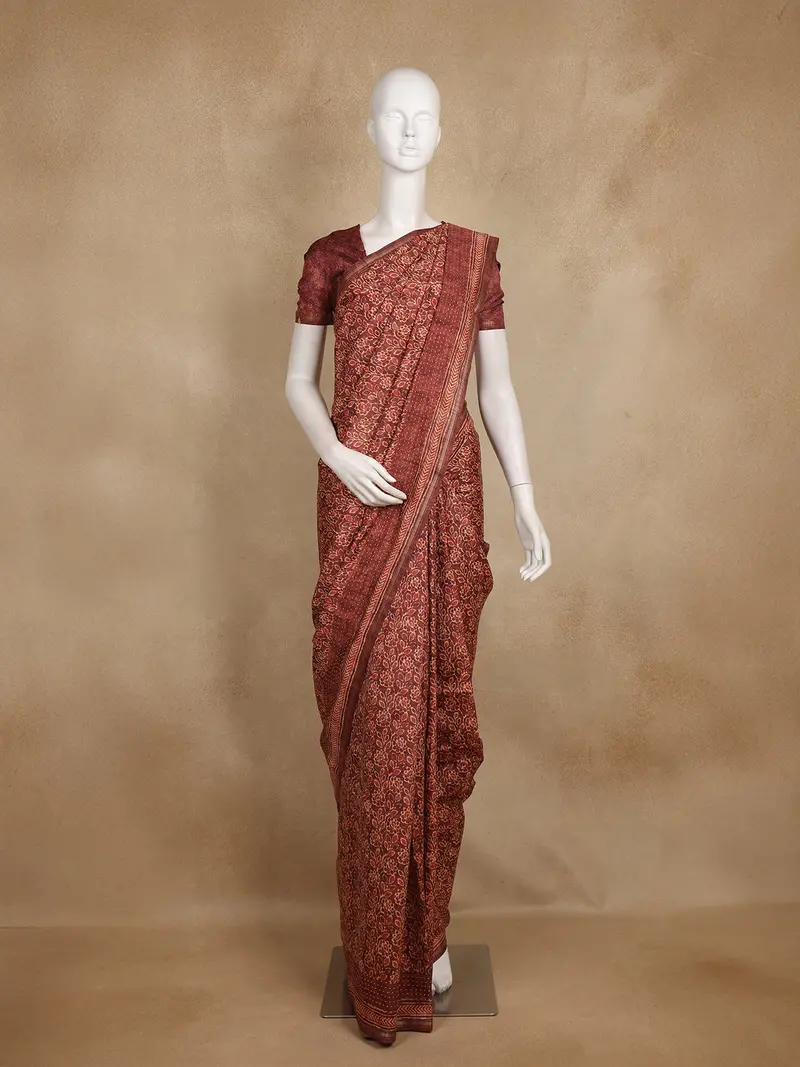 Maroon Floral Printed Design Tussar Silk Saree 1