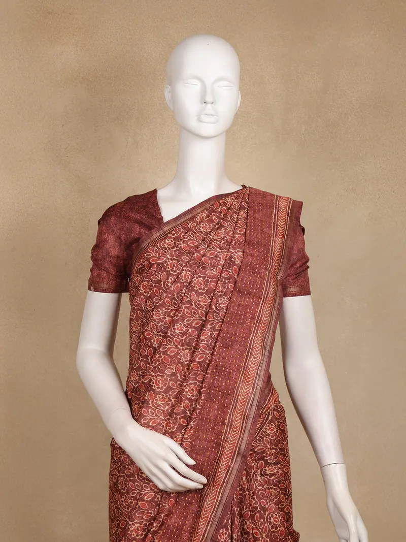 Maroon Floral Printed Design Tussar Silk Saree 2