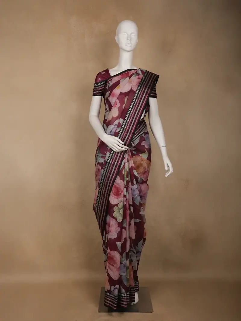 Maroon Floral Printed Kota Cotton Saree 1