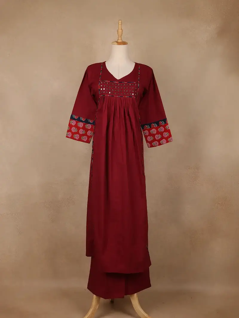 Maroon Floral Printed Mirror Embllishment Cotton Salwar Suit 1