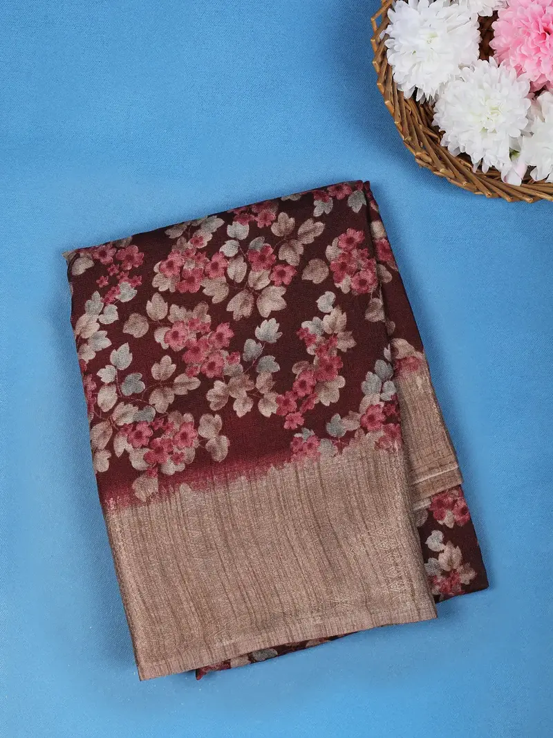 Maroon Floral Printed Raw Silk Saree 1