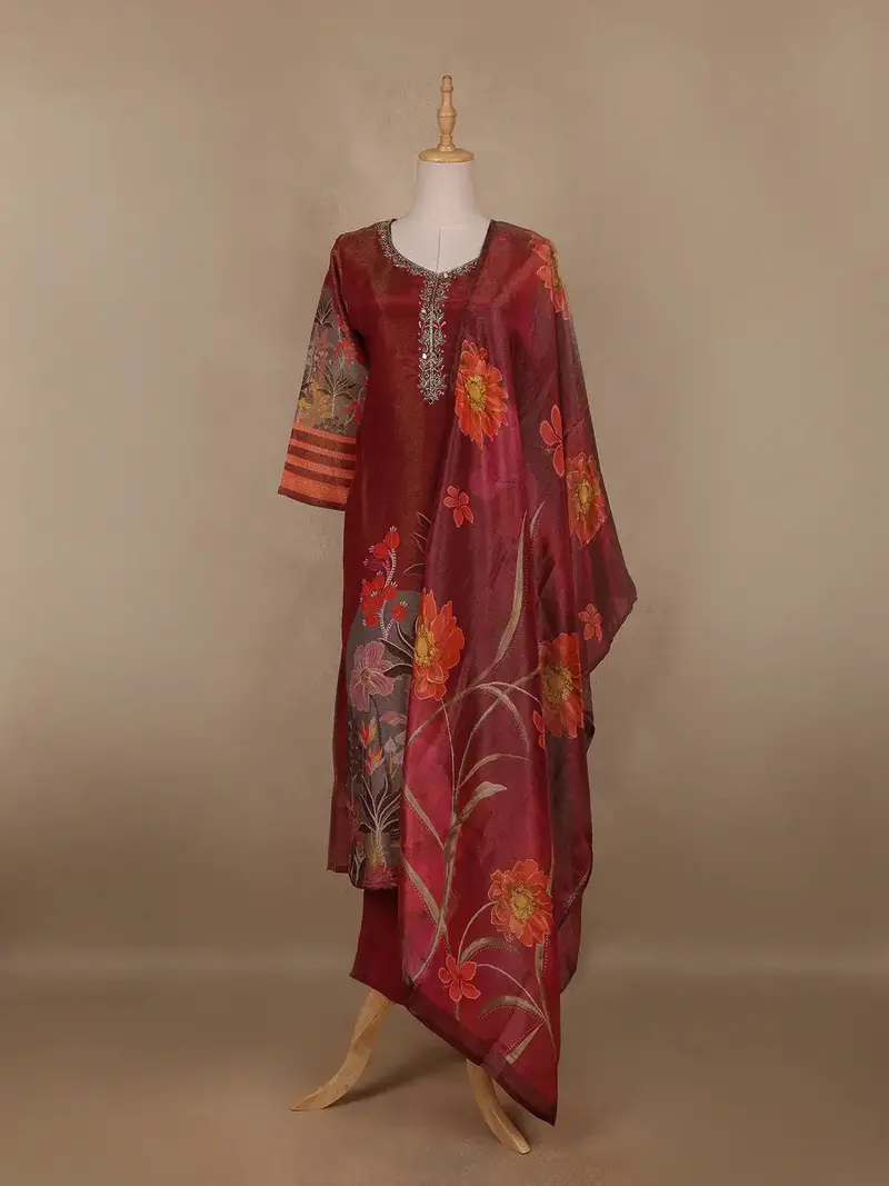 Maroon Floral Printed Shimmer Straight Cut Salwar Suit 1