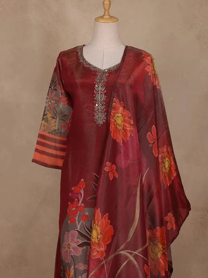 Maroon Floral Printed Shimmer Straight Cut Salwar Suit 2