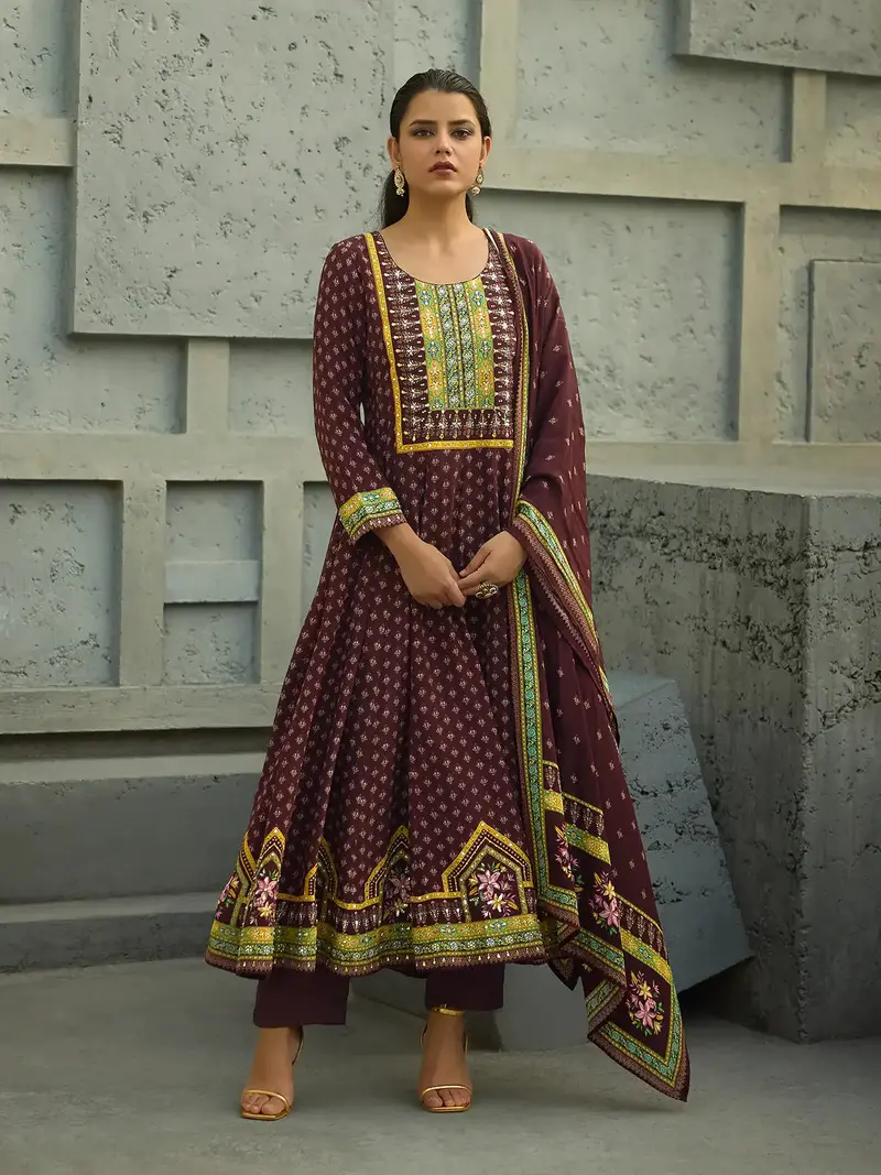 Maroon Floral Printed Synthetic Salwar Suit 1