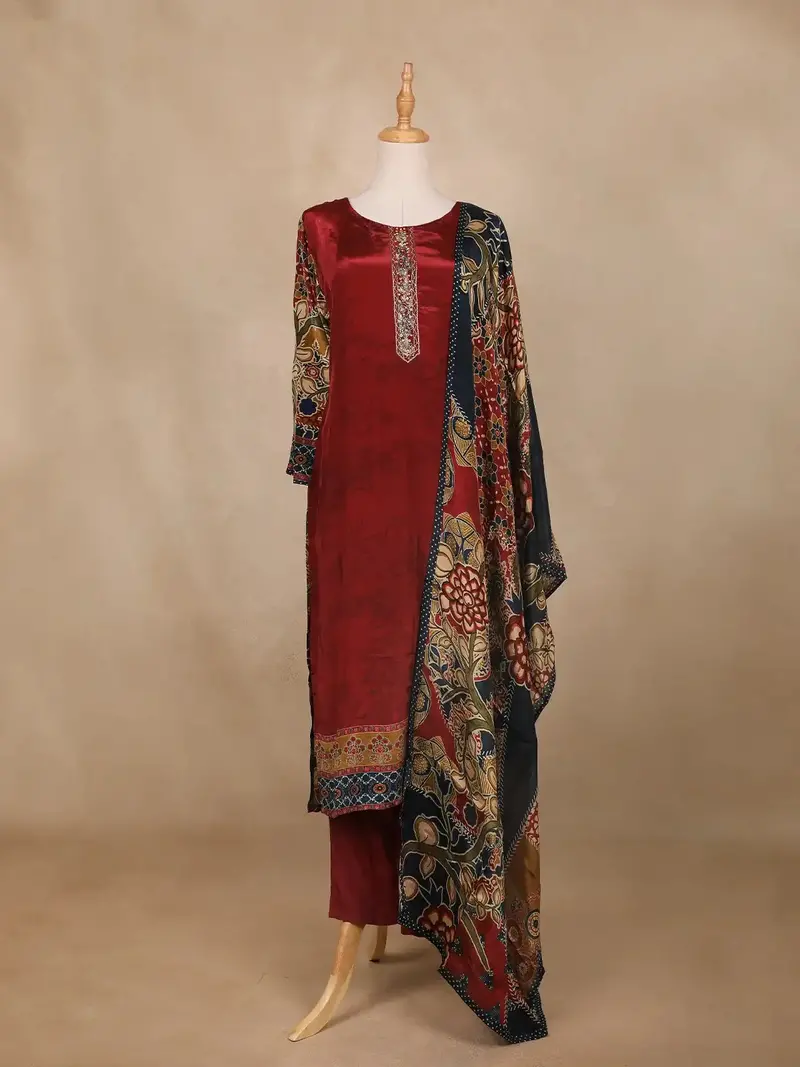 Maroon Floral Printed Synthetic Salwar Suit 1