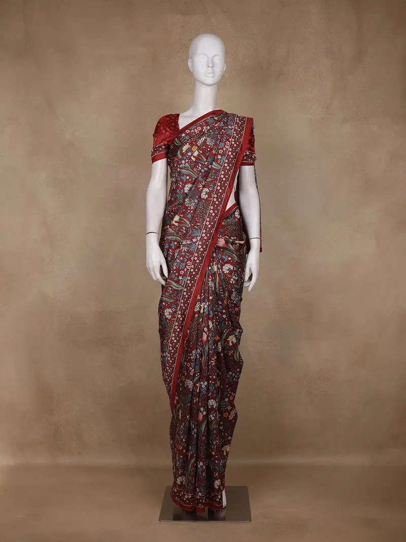 Maroon Floral Printed Tussar Saree With Contrast Border 1