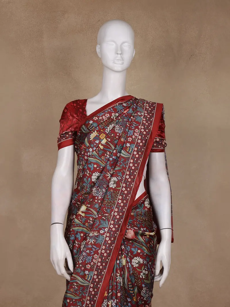 Maroon Floral Printed Tussar Saree With Contrast Border 2