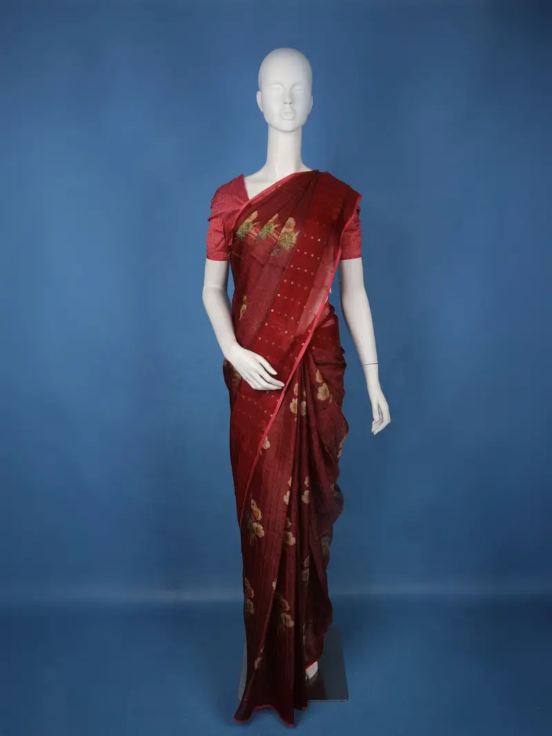 Maroon Floral Printed Tussar Silk Saree 1