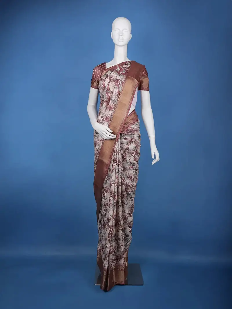 Maroon Floral Printed Tussar Silk Saree 1