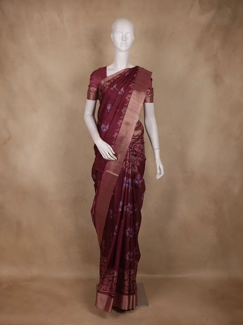 Maroon Floral Printed Tussar Silk Saree 1
