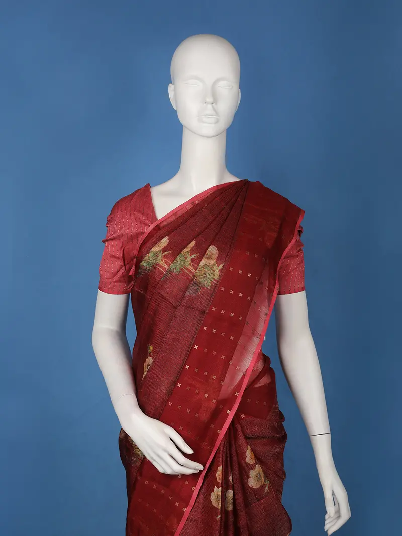 Maroon Floral Printed Tussar Silk Saree 2