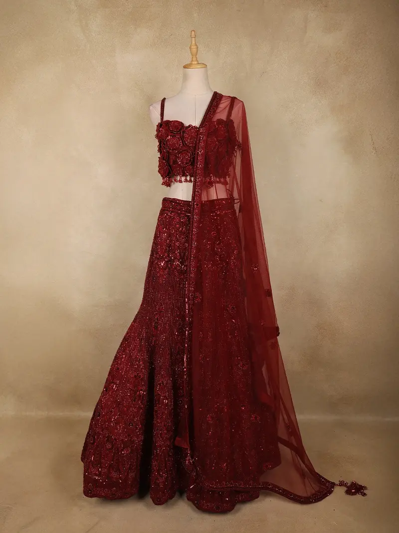 Maroon Floral Sequins And Beads Embroidered Design Net Mermaid Lehenga With Dupatta 1
