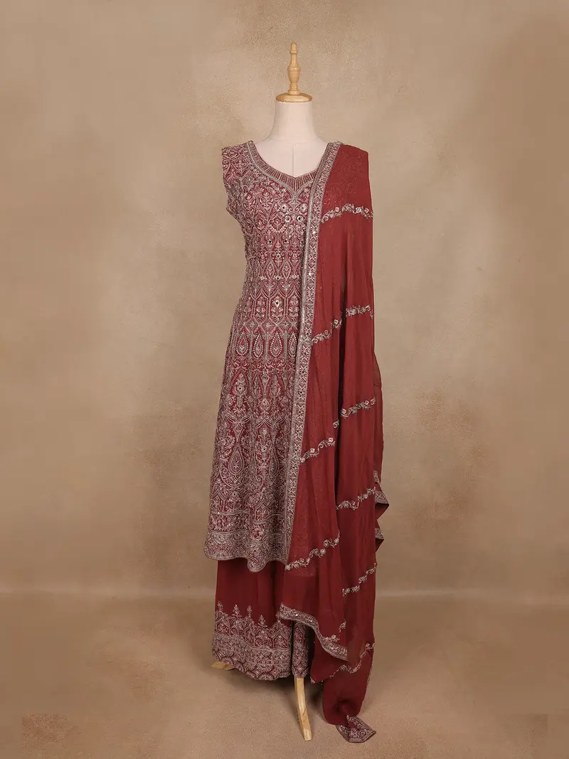 Maroon Floral Sequins Embroidered Design Georgette Palazzo Suit 1