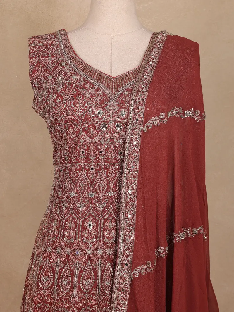 Maroon Floral Sequins Embroidered Design Georgette Palazzo Suit 2