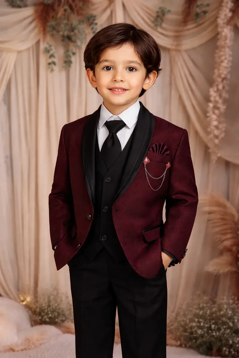 Maroon Floral Stone Embellished Kids Polyester Suit 1