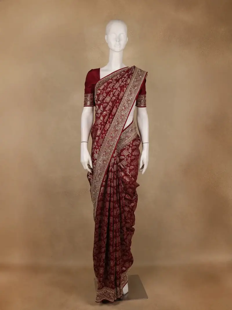 Maroon Floral Woven Banarasi Silk Saree With Designer Zari And Sequin Border 1