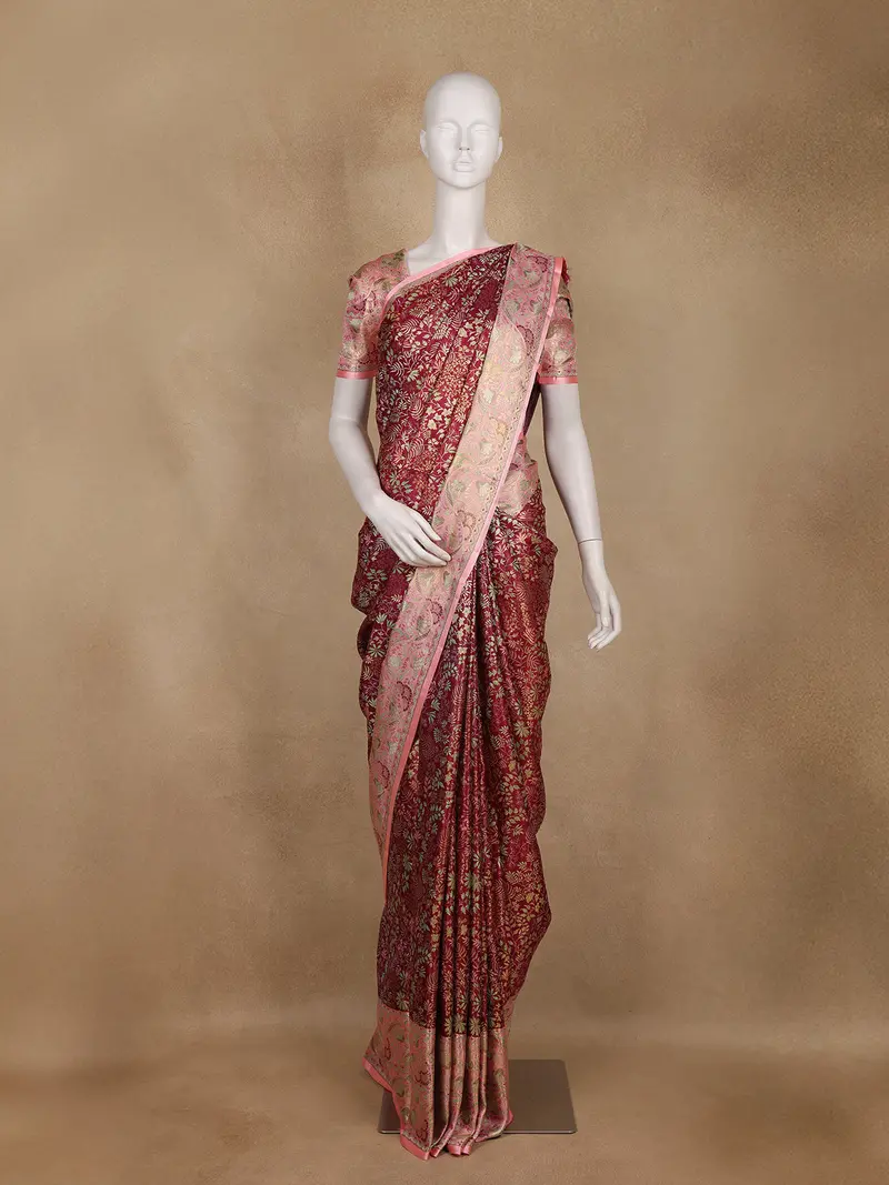 Maroon Floral Woven Design Pure Kanchipuram Silk Saree 1