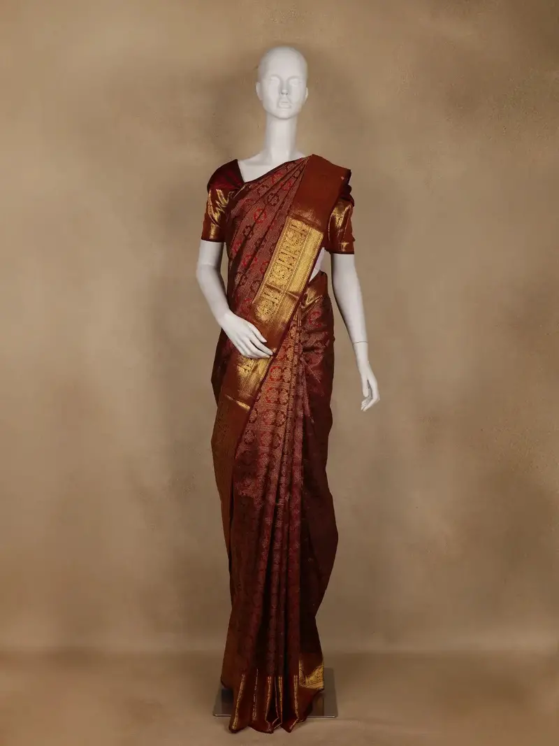 Maroon Floral Woven Pure Kanchipuram Silk Saree 1