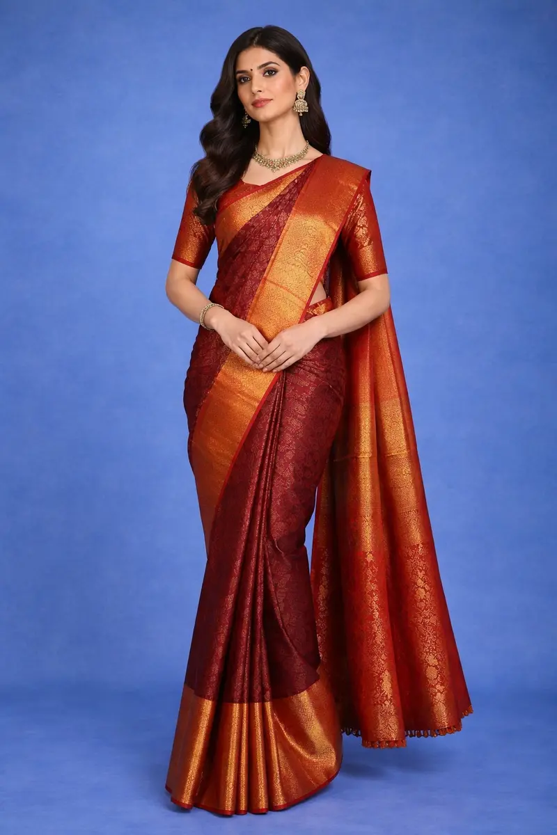 Maroon Floral Woven Pure Kanchipuram Silk Saree With Contrast Zari Border 1
