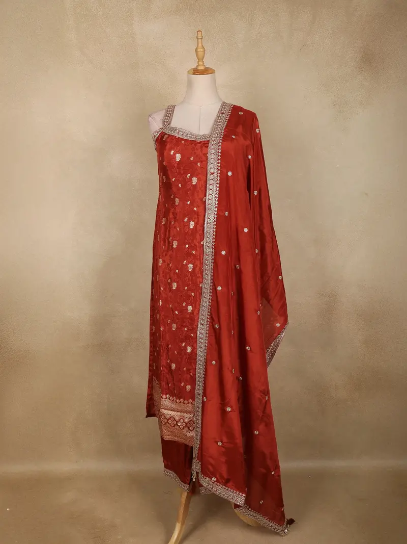 Maroon Floral Woven Tissue Silk Palazzo Suit With Zari Border Dupatta 1