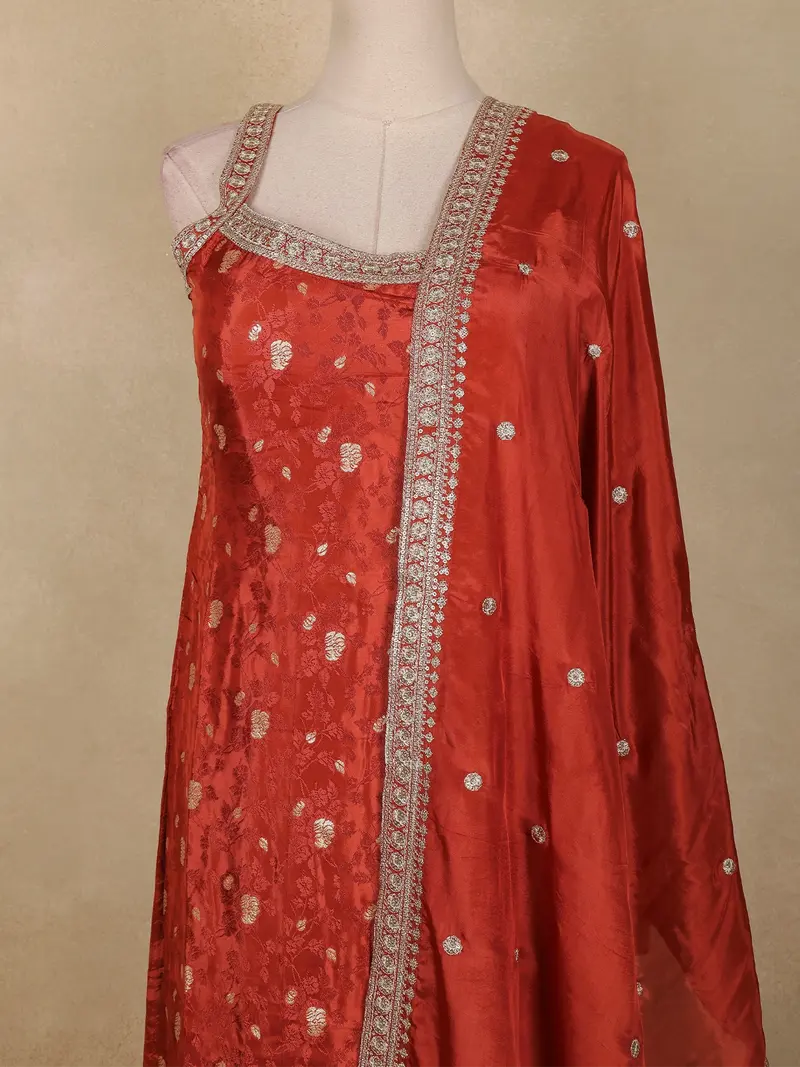 Maroon Floral Woven Tissue Silk Palazzo Suit With Zari Border Dupatta 2