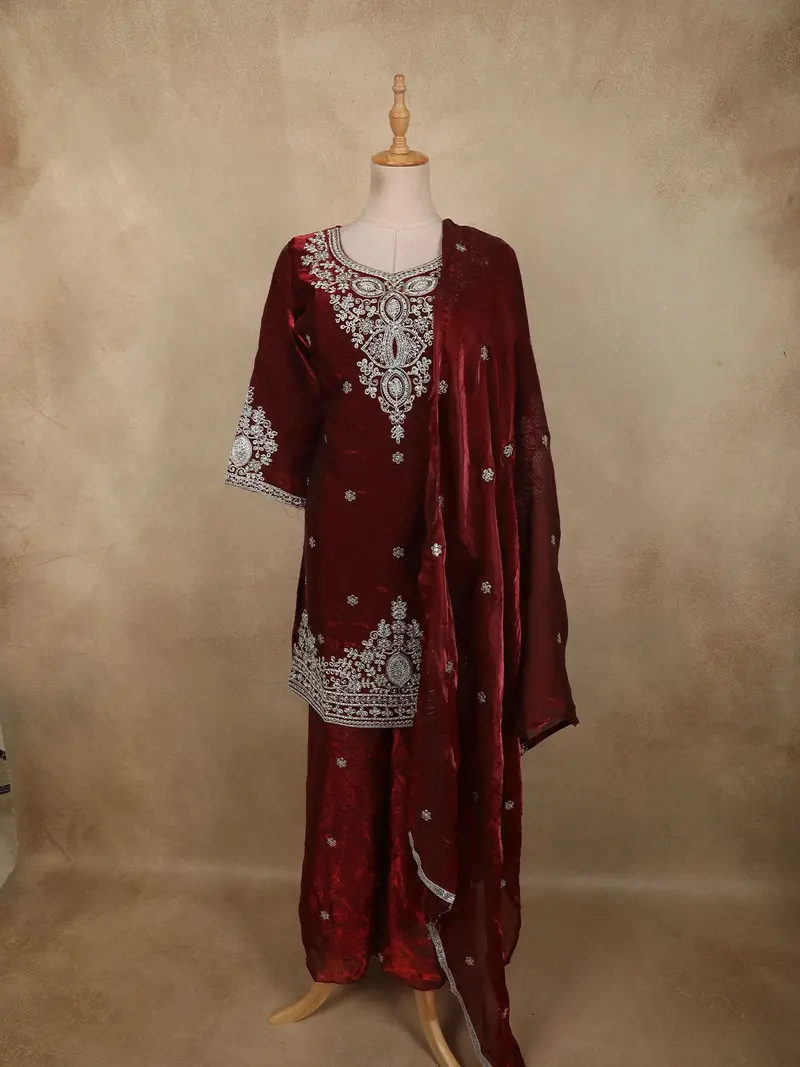 Maroon Floral Zari Embroidered Design Organza Palazzo Suit 1