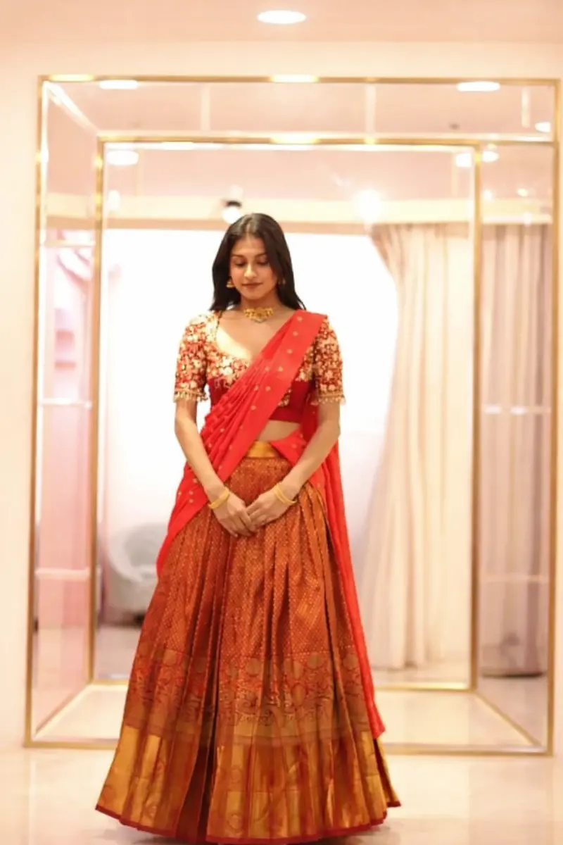 Maroon Floral Zari Woven Design Pure Kanchipuram Silk Bridal Wear Dhavani With Beads Work Blouse 1