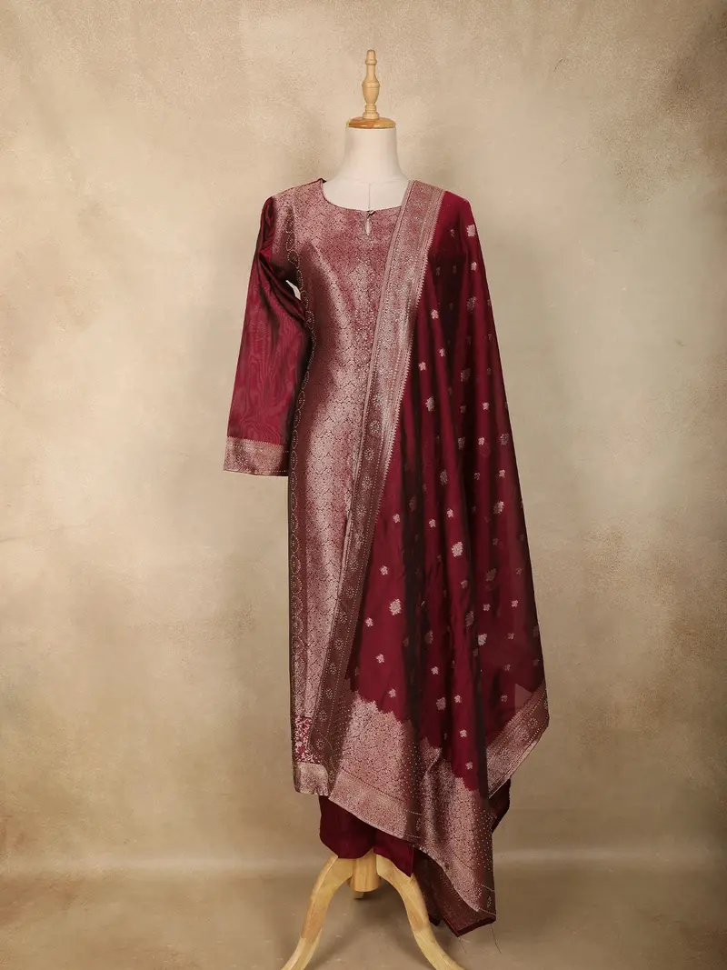 Maroon Floral Zari Woven Design Silk Straight Suit With Dupatta 1