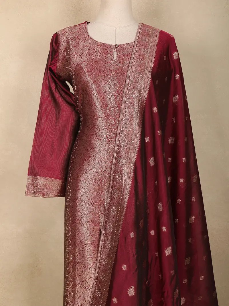 Maroon Floral Zari Woven Design Silk Straight Suit With Dupatta 2