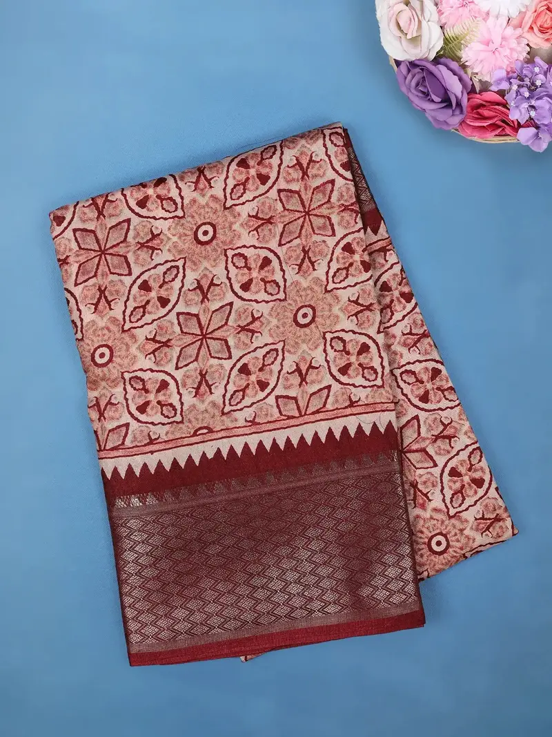 Maroon Geometric And Floral Design Printed Cotton Saree 1