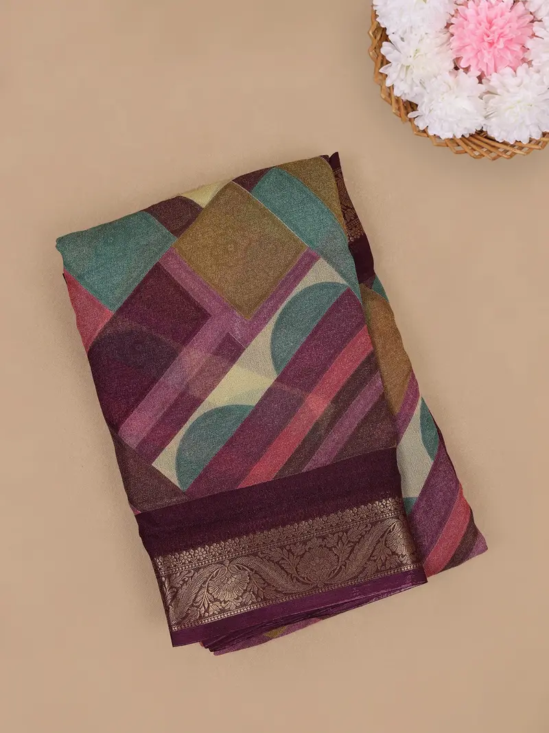 Maroon Geometric Design Linen Cotton Saree 1