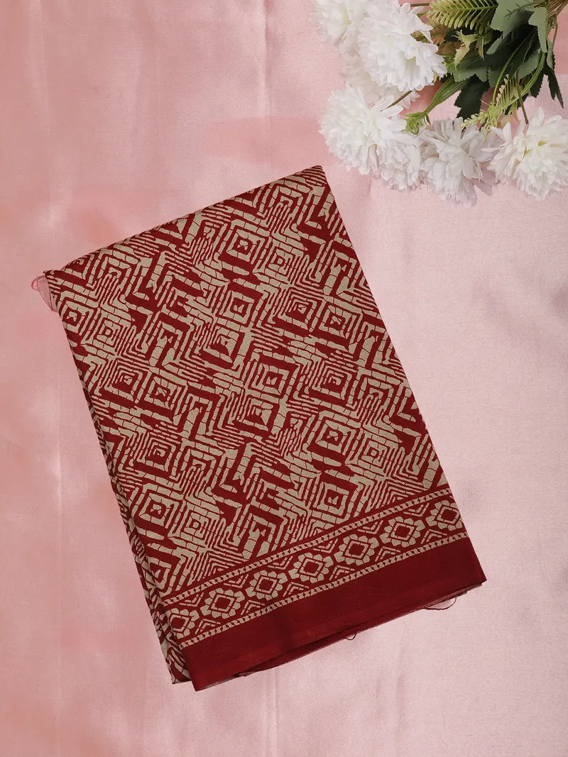 Maroon Geometric Printed Design Mixed Silk Cotton Fancy Saree 1