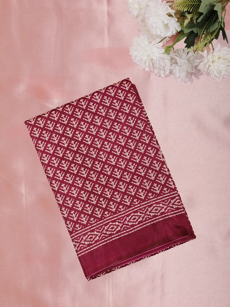 Maroon Geometric Printed Design Mixed Silk Cotton Fancy Saree 1