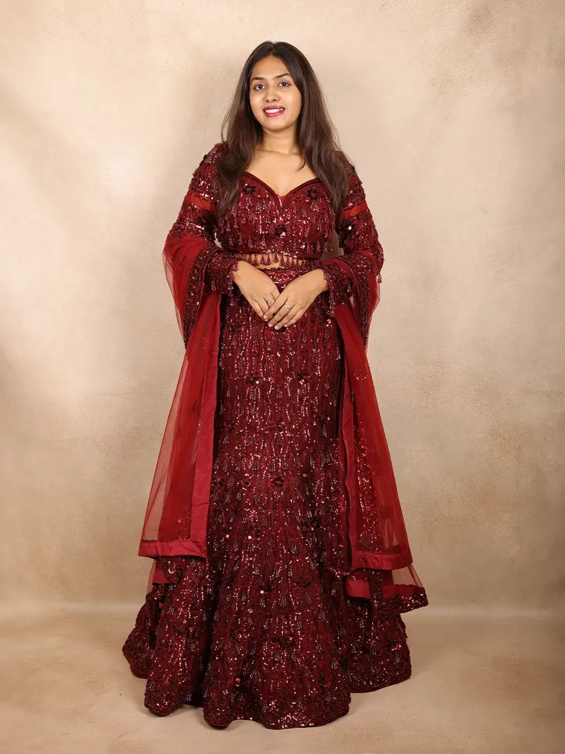Maroon Heavy Sequins And Beads Embroidered Design Mermaid Net Lehenga With Dupatta 1