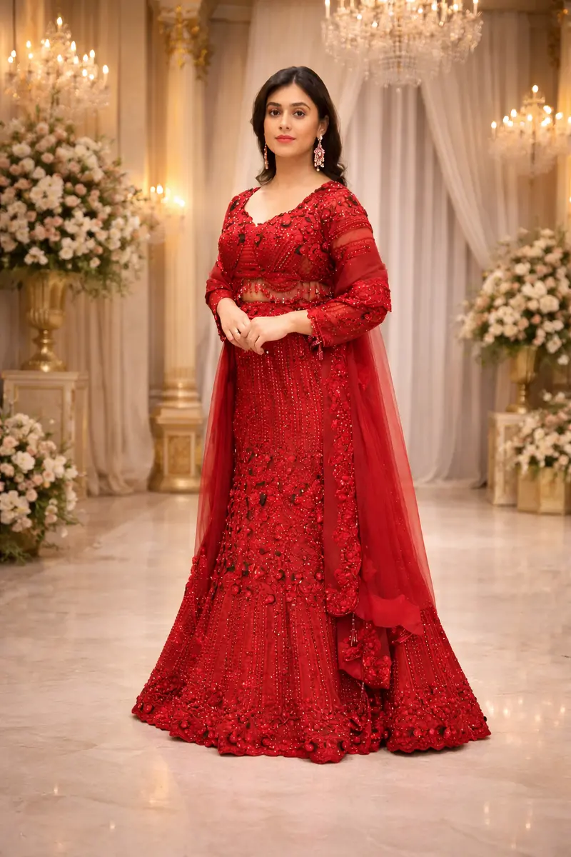 Maroon Heavy Sequins And Beads Embroidered Design Net Mermaid Lehenga With Dupatta 1