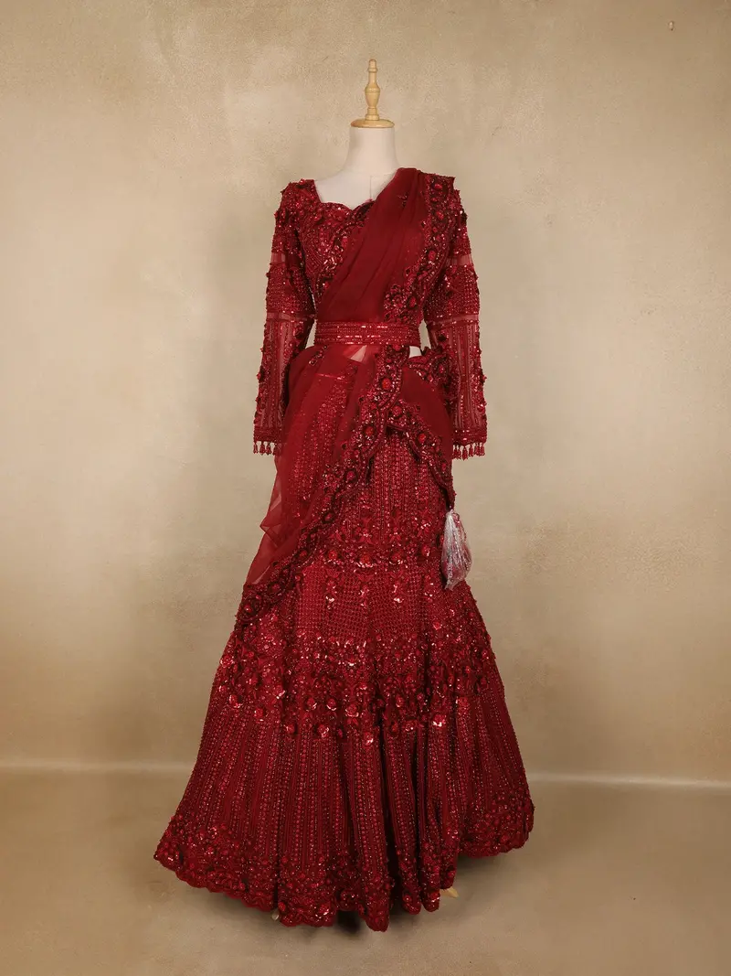 Maroon Heavy Sequins And Beads Embroidered Design Net Mermaid Lehenga With Dupatta 2
