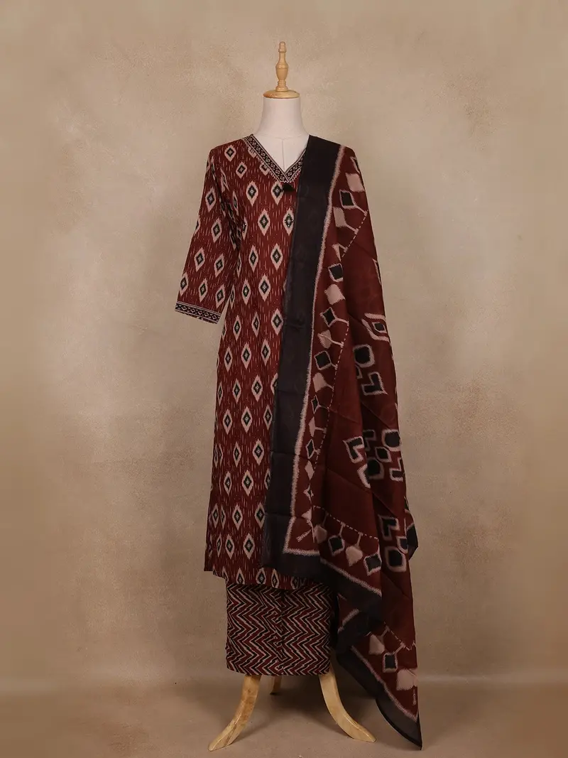 Maroon Ikat Printed Cotton Salwar Suit With Dupatta 1