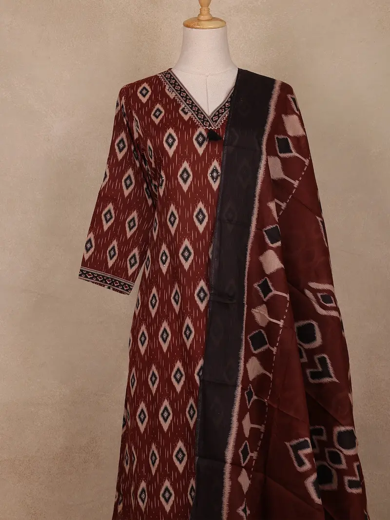 Maroon Ikat Printed Cotton Salwar Suit With Dupatta 2