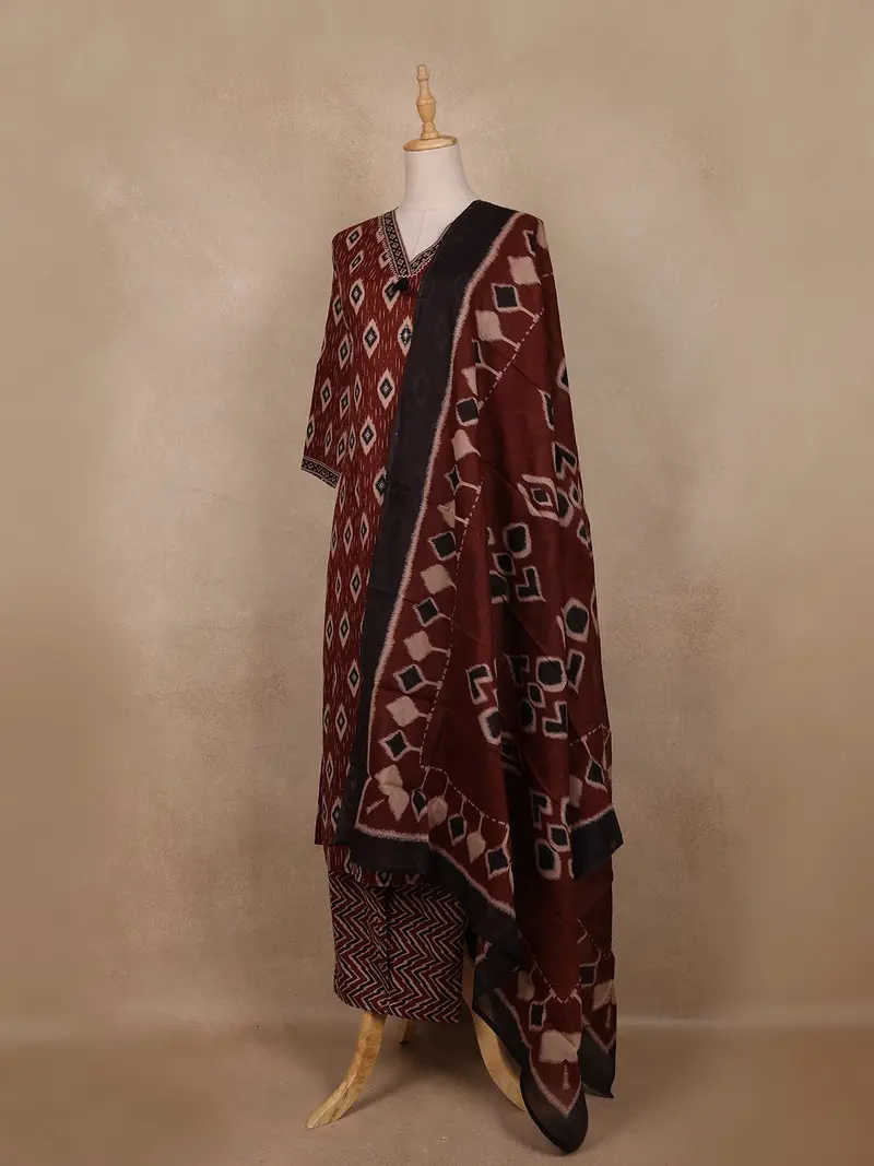 Maroon Ikat Printed Cotton Salwar Suit With Dupatta 3