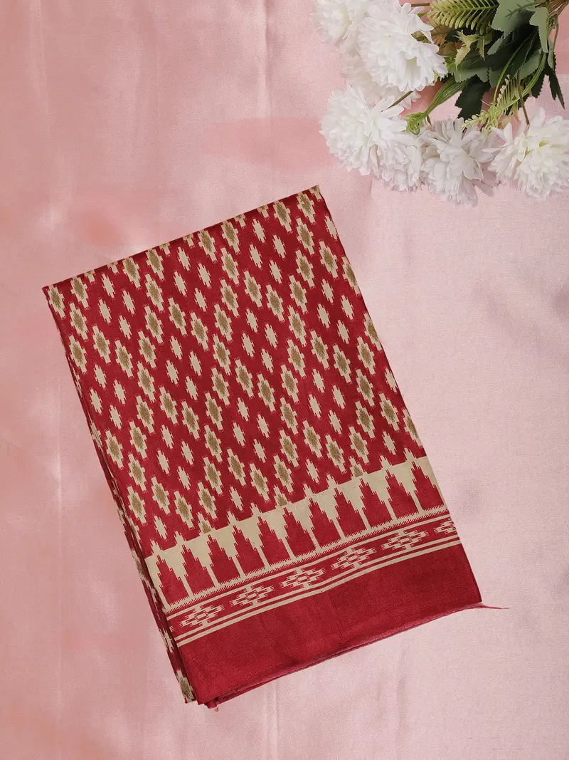 Maroon Ikat Printed Design Mixed Silk Cotton Fancy Saree 1