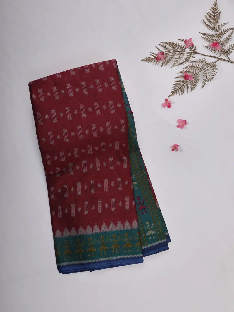 Maroon Ikat Printed Karishma Cotton Saree With Contrast Teal Blue Border 1