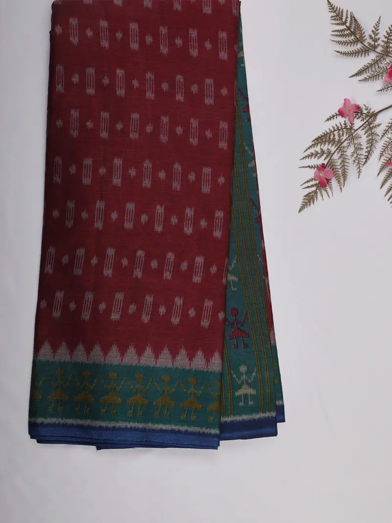 Maroon Ikat Printed Karishma Cotton Saree With Contrast Teal Blue Border 2