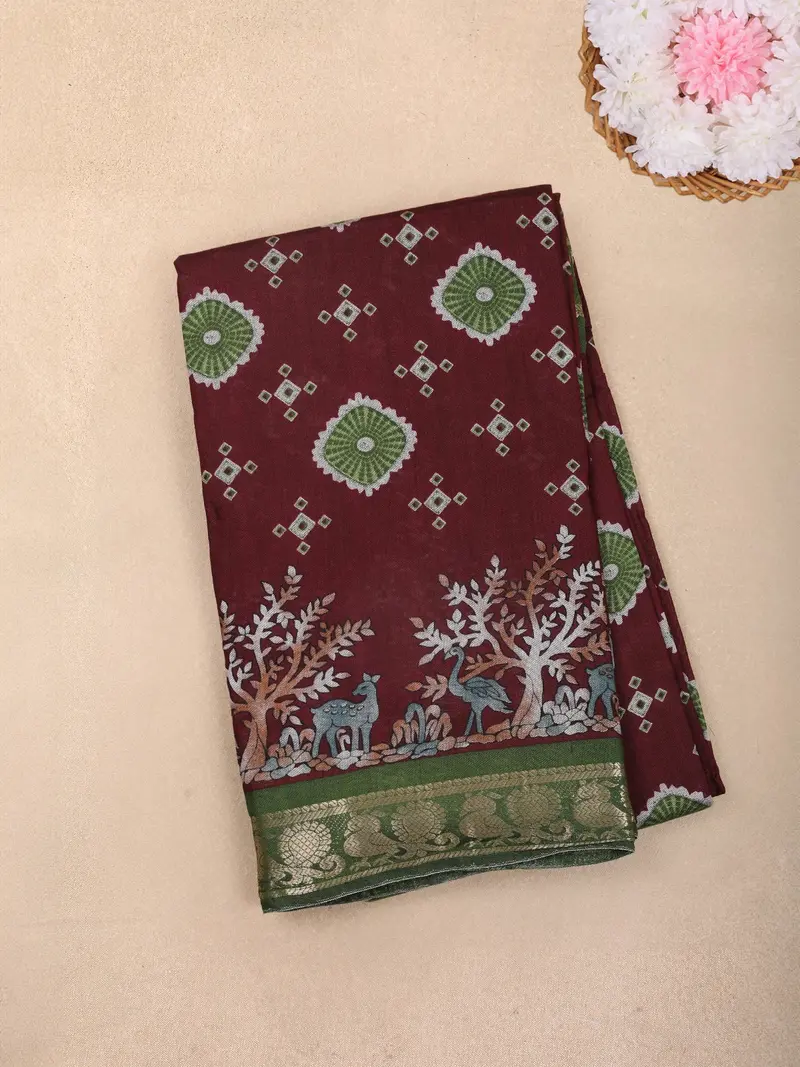 Maroon Kalamkari Forest Scene Printed Chanderi Cotton Saree With Green Zari Border 1