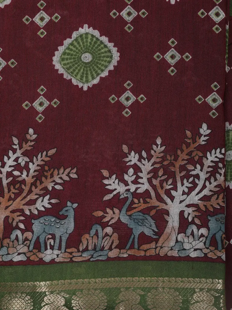 Maroon Kalamkari Forest Scene Printed Chanderi Cotton Saree With Green Zari Border 2
