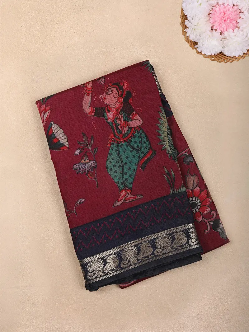 Maroon Kalamkari Printed Design Chanderi Cotton Saree With Contrast Zari Woven Border 1