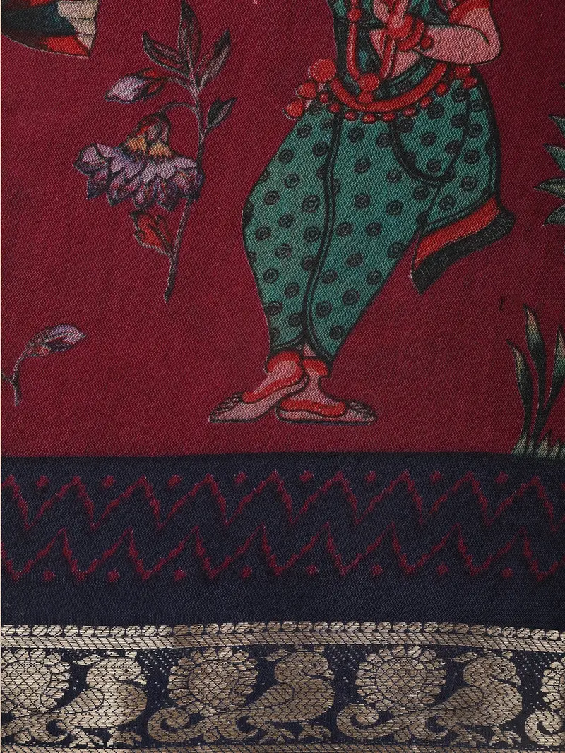 Maroon Kalamkari Printed Design Chanderi Cotton Saree With Contrast Zari Woven Border 2
