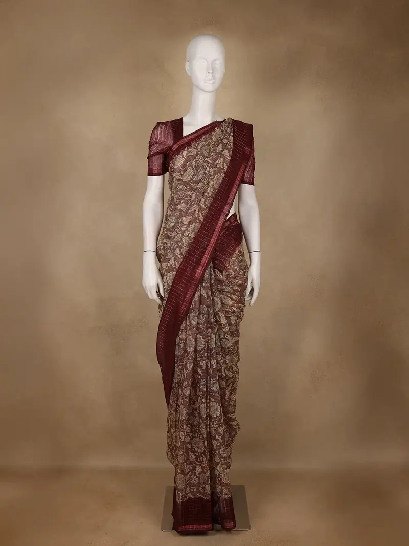Maroon Kalamkari Printed Tussar Silk Saree 1